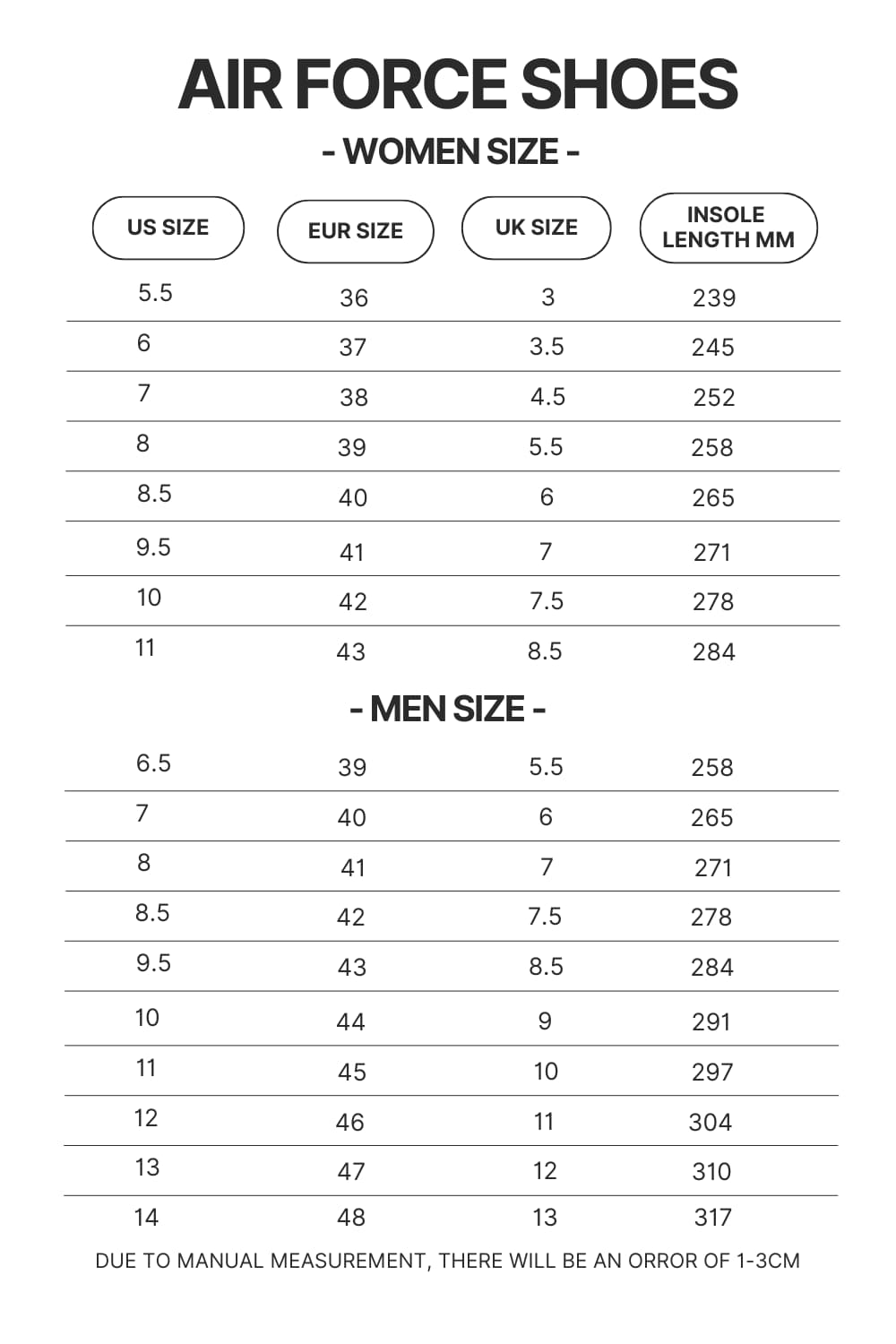Air Force Shoes Size Chart - Anime Shoes World