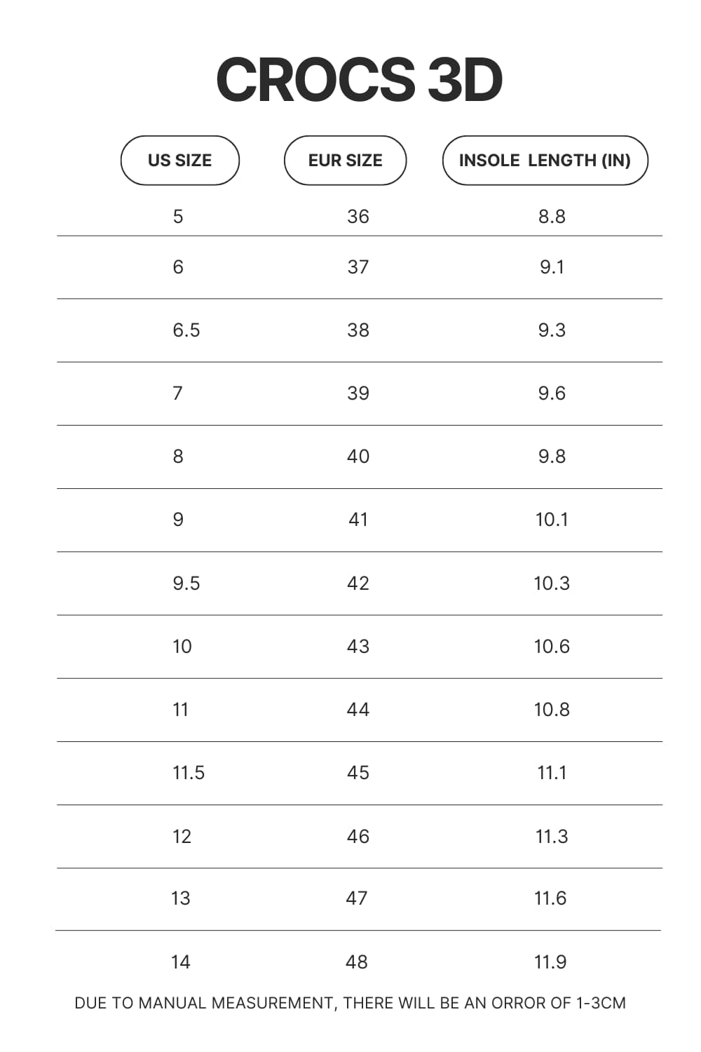 Crocs 3D Size Chart - Anime Shoes World